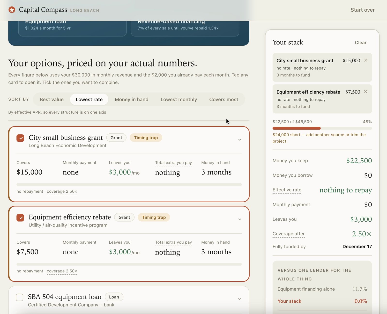 The options screen: every funding route priced on the owner's real revenue, with a stack builder showing what is still short.