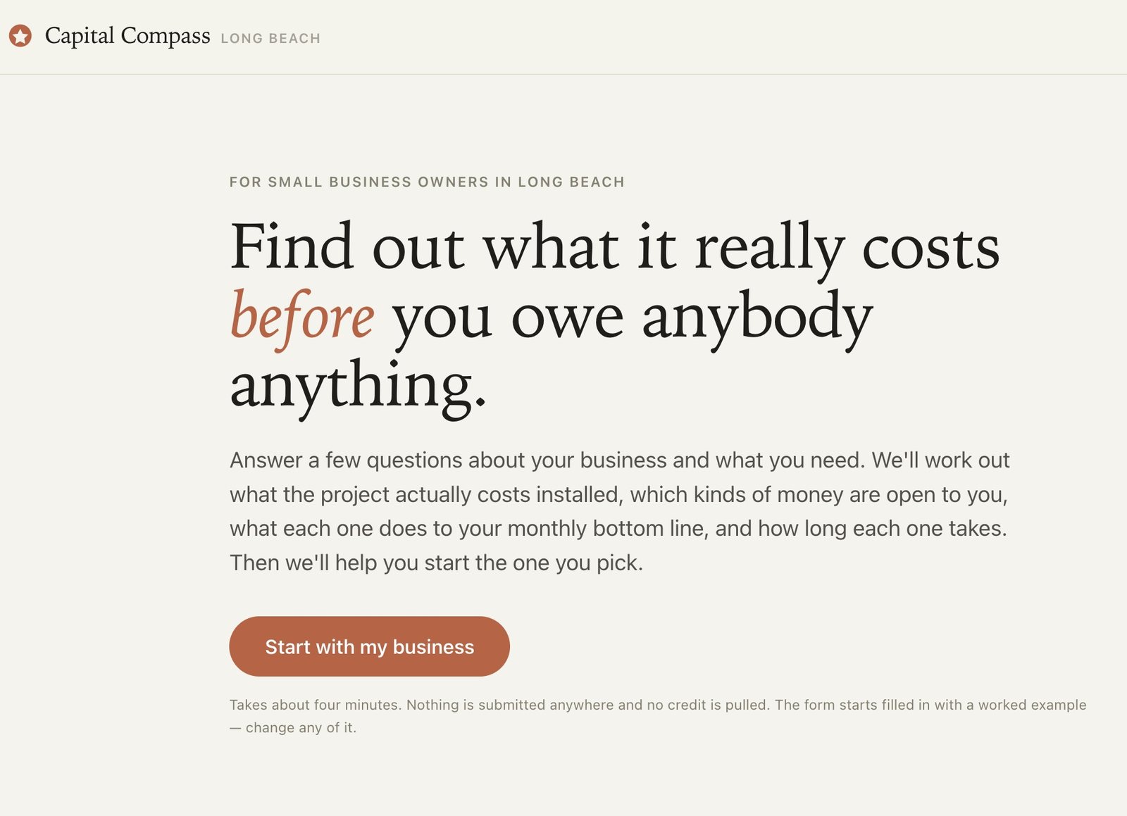 The Capital Compass welcome screen reading 'Find out what it really costs before you owe anybody anything'