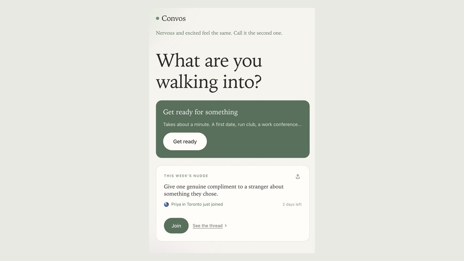The Convos home screen: 'What are you walking into?' with a Get Ready card and this week's nudge to join a small group challenge.