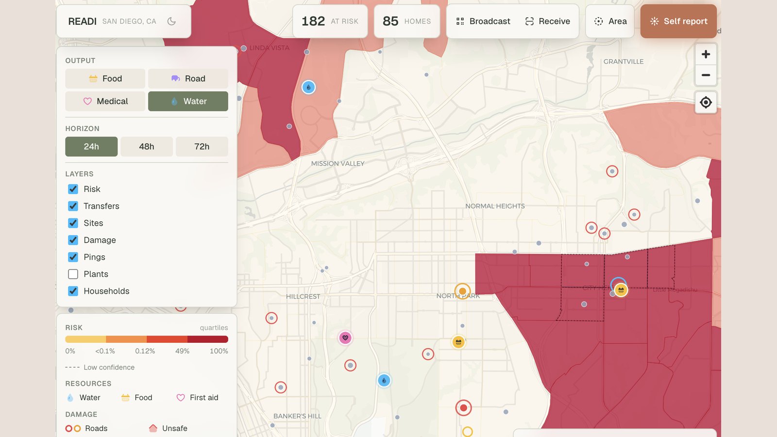 The READI control panel showing output filters, time horizon, map layers, and a colour coded risk legend beside a shortage risk map of San Diego
